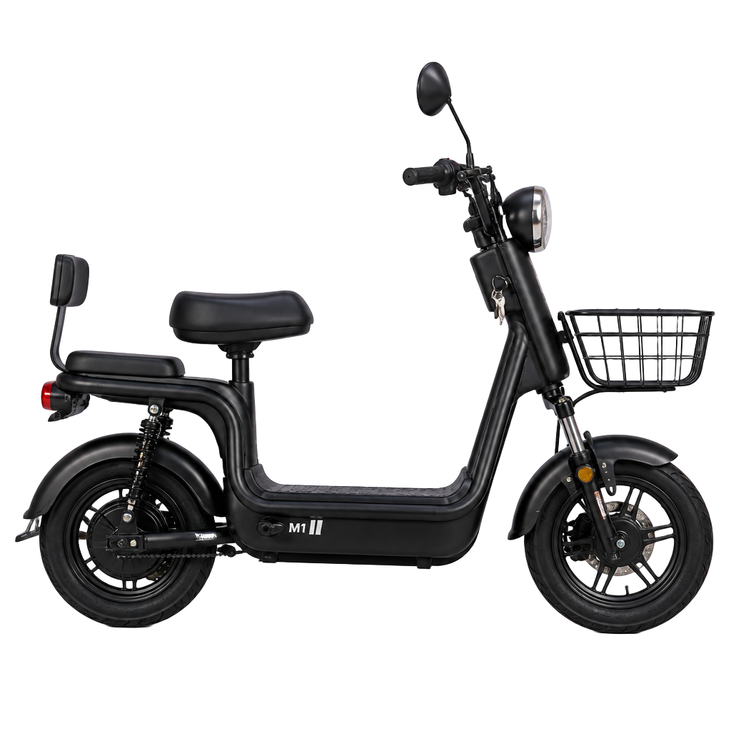 Scooter elétrica preta com cestinha e bagageiro